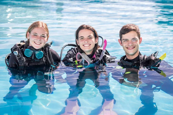 Group Happy Scuba Divers Standing Pool Gear Smiling Camera — Photo