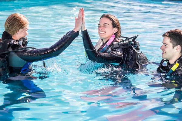 Scuba Dive Training Pool Instructor Giving High Five Happy Student — Photo