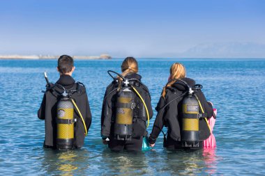 Scuba dalgıçları kıyı dalışı yaparak denizde yürüyorlar.