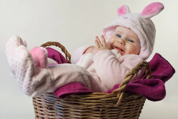 Розовый пасхальный кролик в корзине — стоковое фото