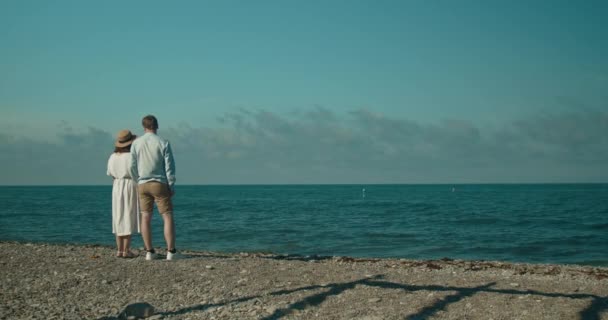 Bir adam ve bir kadın sahilde durmuş sarılıyorlar. Uzağa bakıp konuşuyorlar.. — Stok video