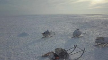 Kuzey Kutbu'nda tundra ortasında yurtların tepesinden drone harika yakalama video.