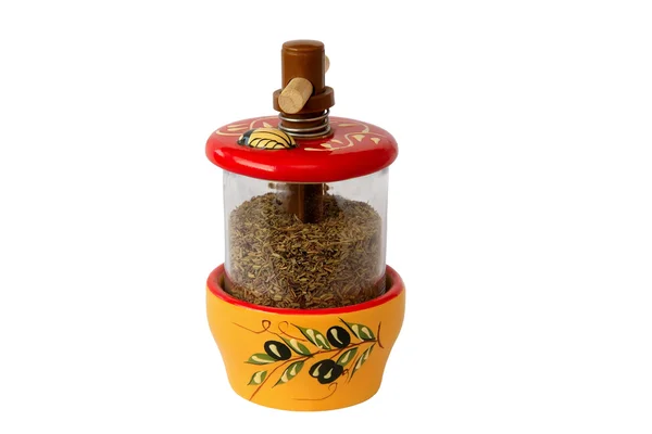 干普罗旺斯草药在罐子里用橄榄图案 — 图库照片