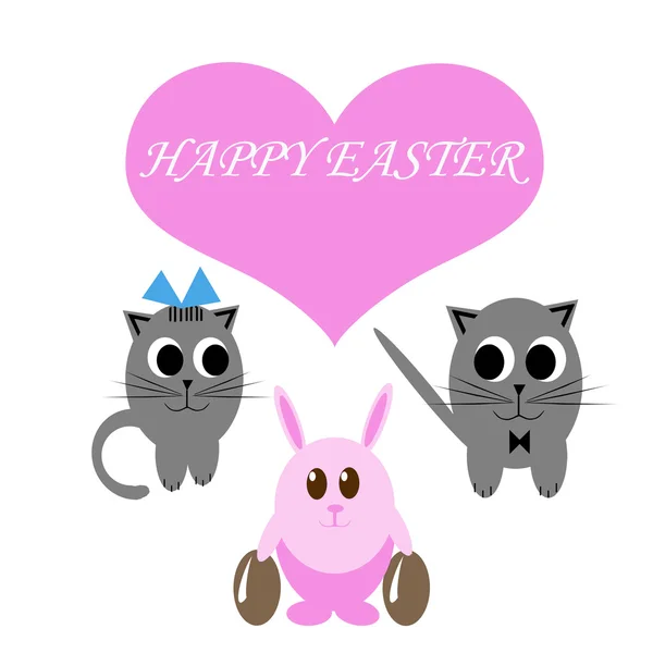 搞笑粉红色兔子与复活节彩蛋和两只猫 — 图库照片