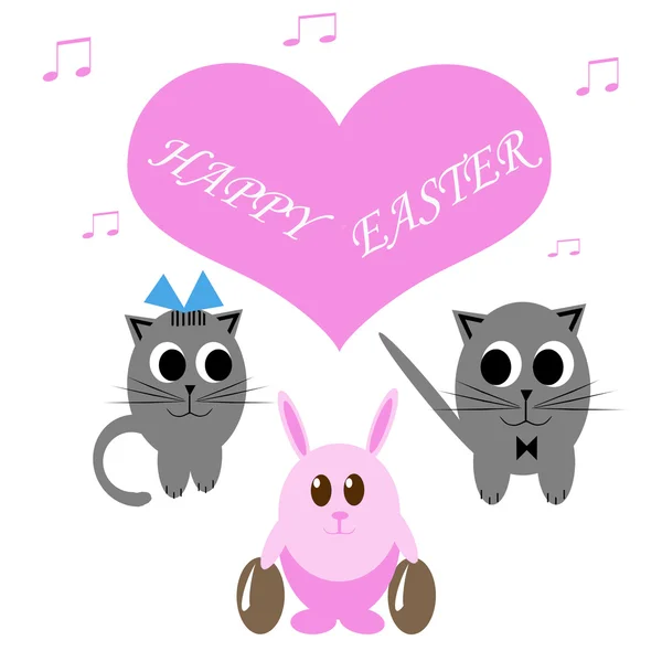 Legrační růžový králík s velikonoční vajíčka a dvě kočky — Stock fotografie
