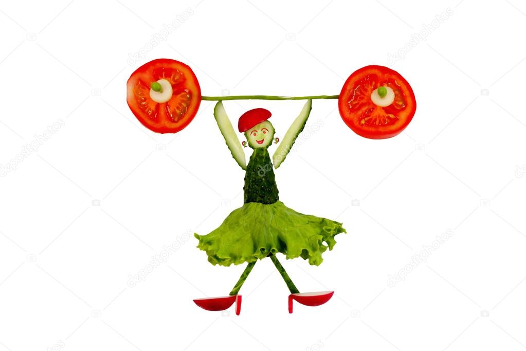 Healthy eating. Funny little woman of the cucumber slices raises