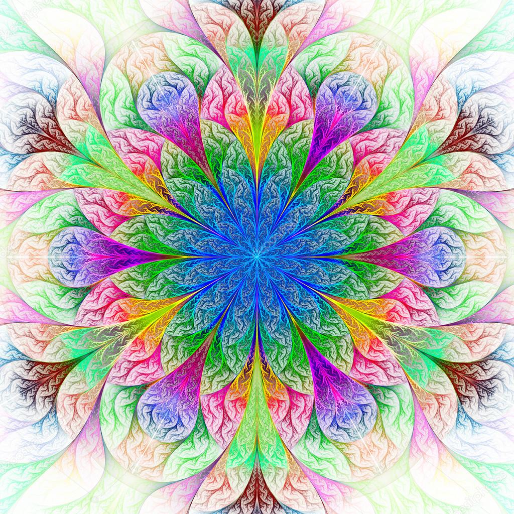 Beautiful fractal flower in blue, green and red. Computer genera