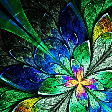 Sarı, yeşil ve mavi güzel fractal çiçek.