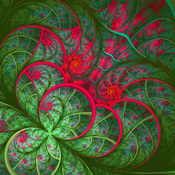 Hermosa flor fractal en verde y rojo. Ordenador generado gr —  Fotos de Stock