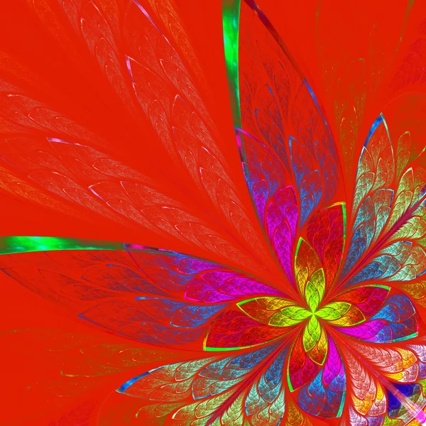 Багатобарвна фрактальна квітка на червоному тлі. Створено комп'ютер — стокове фото