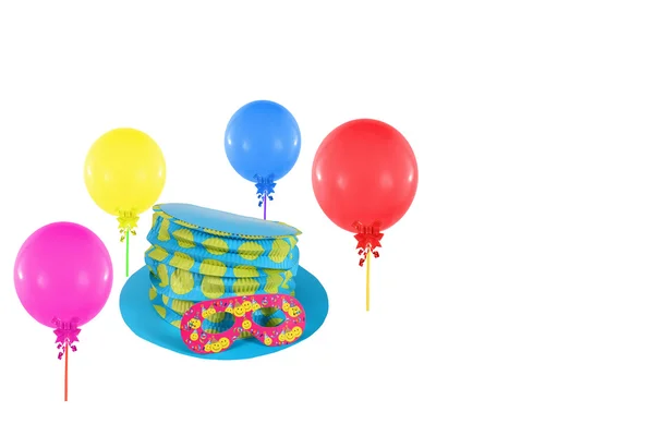 五颜六色的气球和戴着面具晚会和嘉年华的帽子 — 图库照片