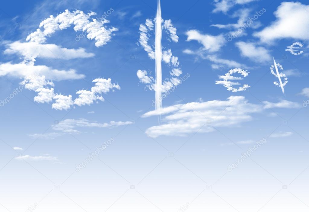 Cloud Euro and dollar currency symbol shape over blue sky