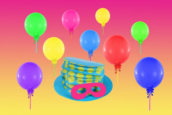 Globos coloridos y sombrero con máscara para fiesta y carnaval — Foto de Stock