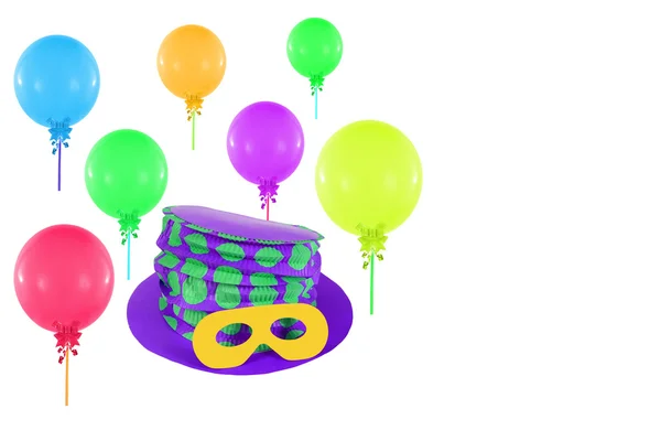五颜六色的气球和戴着面具晚会和嘉年华的帽子 — 图库照片