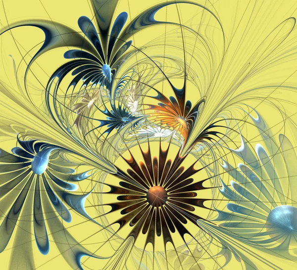Beautiful fractal flower in brown and blue on yellow background. — Stock Photo, Image