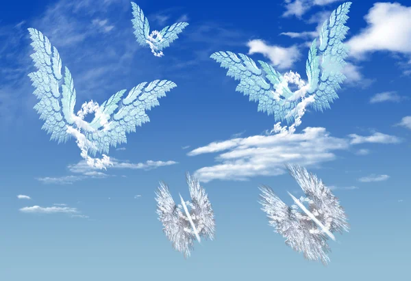 Wolkenförmige Euro- und Dollarsymbole fliegen über blauen Himmel — Stockfoto