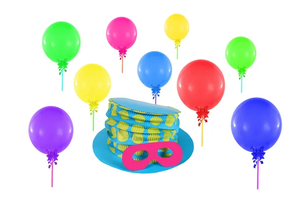 Colorful balloons and hat with mask for party and carnival — Stock Photo, Image