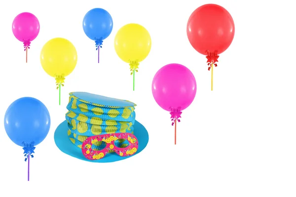 Colorful balloons and hat with mask for party and carnival — Stock Photo, Image