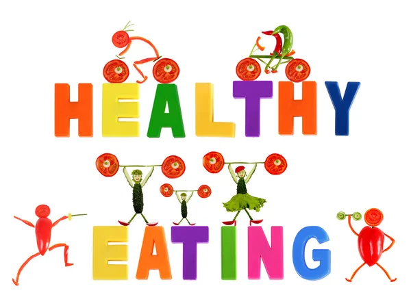 Sağlıklı beslenme. küçük komik insanlar sebze ve meyve ile yapılmış. — Stok fotoğraf