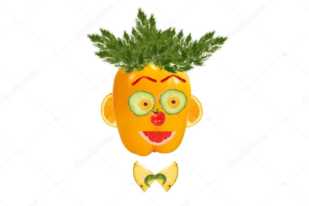 Healthy eating. Funny man face made of vegetables and fruits. — Stock