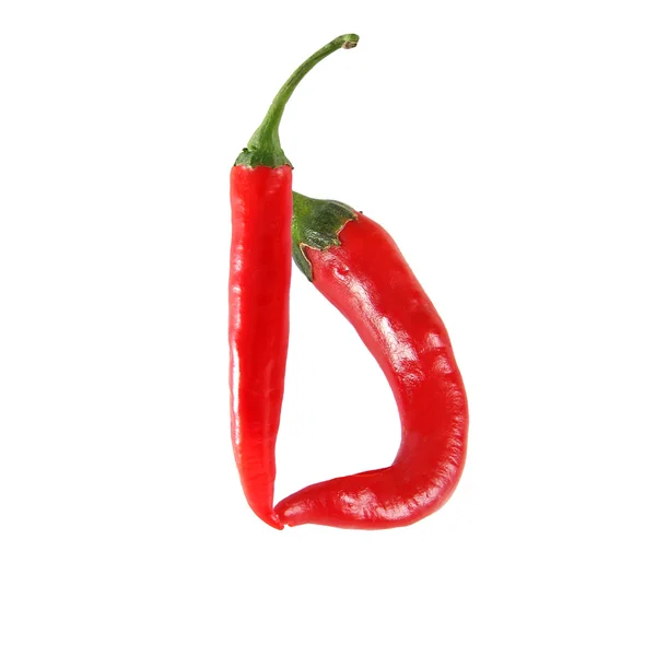 Fuente hecha de chile rojo picante aislado en blanco - letra D — Foto de Stock