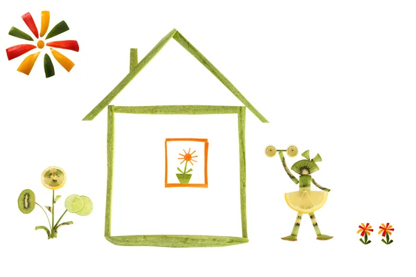 Healthy eating. House and funny little people made ??of vegetabl — Stock Photo, Image