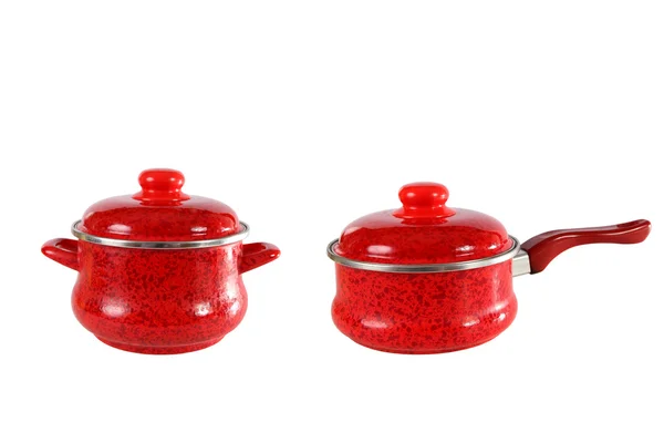 Two red pots with cover. Isolated on white background — Stock Photo, Image