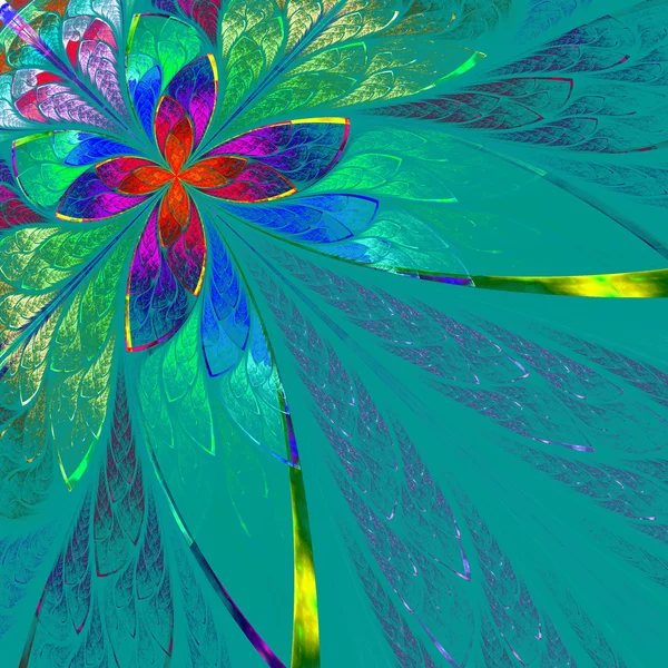 Fleur fractale multicolore sur fond bleu. Généré par ordinateur — Photo