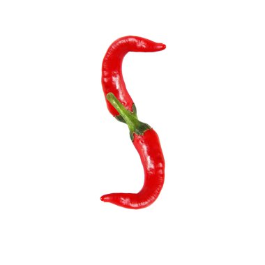 Beyaz - s harfi izole sıcak kırmızı biber biber, yazı tipi