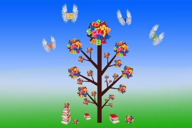 degrade arka plan üzerinde renkli harflerle arka ağaç