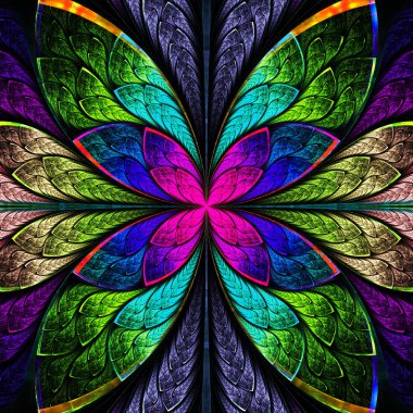 Symmetrical multicolor fractal flower in stained glass style. clipart