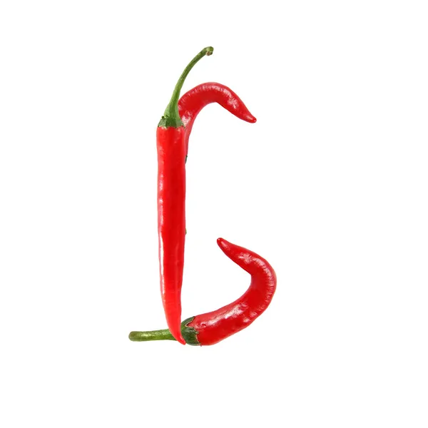 Font fatto di peperoncino rosso caldo isolato su bianco - lettera G — Foto Stock