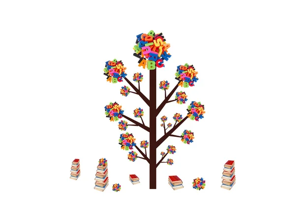Abstracte boom met kleurrijke brieven en boeken over witte pagina — Stockfoto