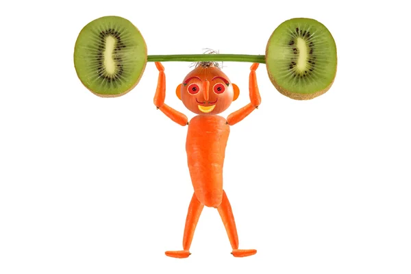 Alimentação saudável. Engraçado homenzinho levanta kiwi bar . — Fotografia de Stock