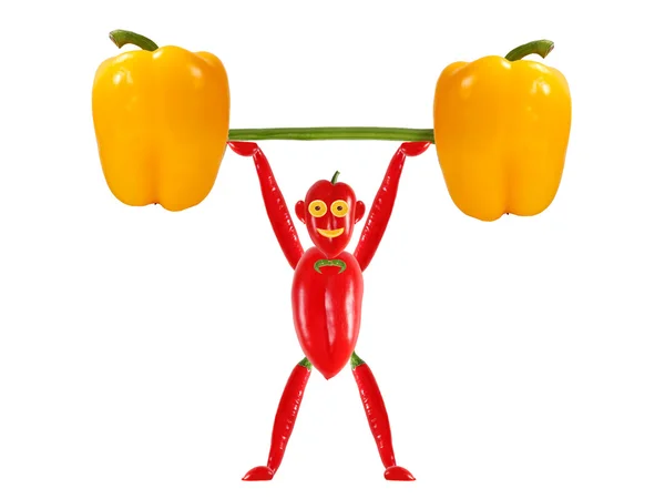 Healthy eating.Little funny man made ??of pepper  raises bar. — Stock Photo, Image