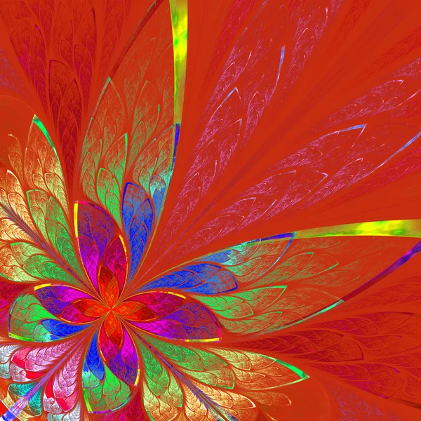 Многоцветный фрактальный цветок на красном фоне. Компьютер генерируется — стоковое фото