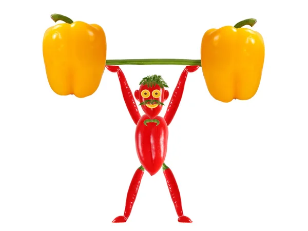 Healthy eating.Little funny man made ??of pepper  raises bar. — Stock Photo, Image