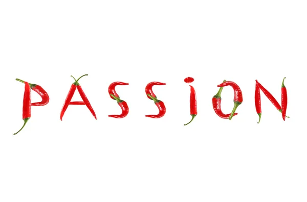 Picture of the word PASSION written with red chili peppers — Stock Photo, Image