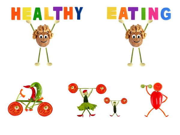 Sağlıklı beslenme. meyve ve sebze küçük komik insanlar yaptı — Stok fotoğraf
