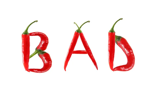 Imagen de las palabras MALO escrito con chiles rojos — Foto de Stock