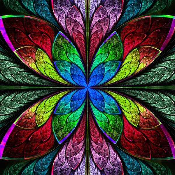 Symmetrical multicolor fractal flower in stained glass style. Co — Stock Photo, Image