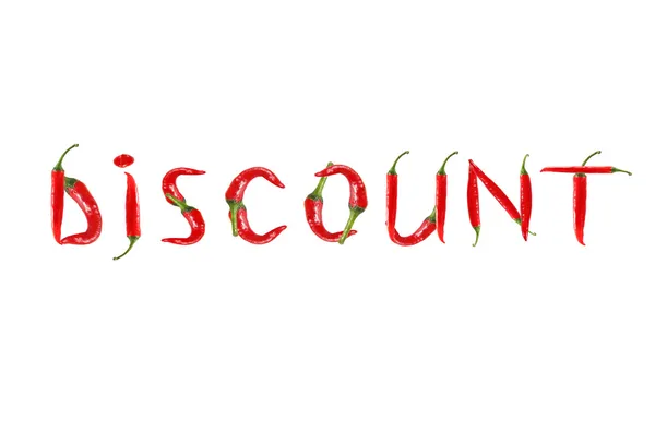 Obraz zniżki słowa napisane z czerwonej papryki chili — Zdjęcie stockowe