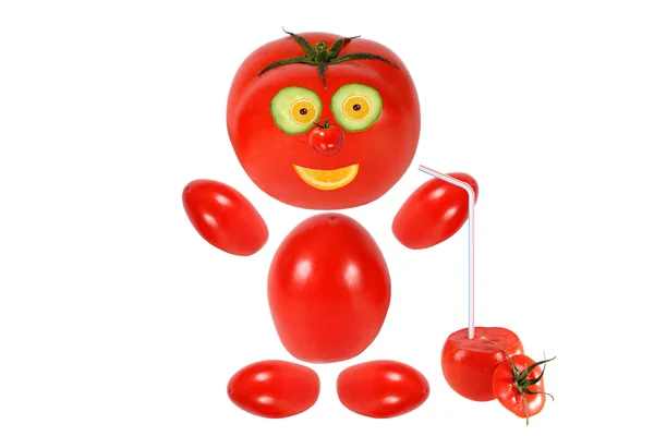 Healthy eating. Funny little tomato  keeps tomato juice — Stock Photo, Image