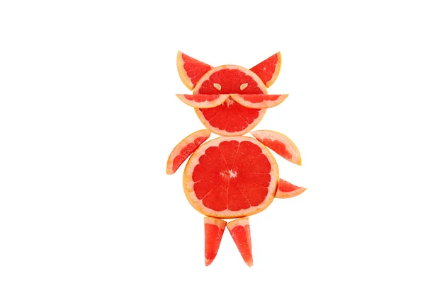 Gezond eten. grappige kleine kat gemaakt van de grapefruit segmenten. — Stockfoto