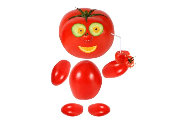 Komik küçük domates gülümsüyor ve domates suyu tutar — Stok fotoğraf