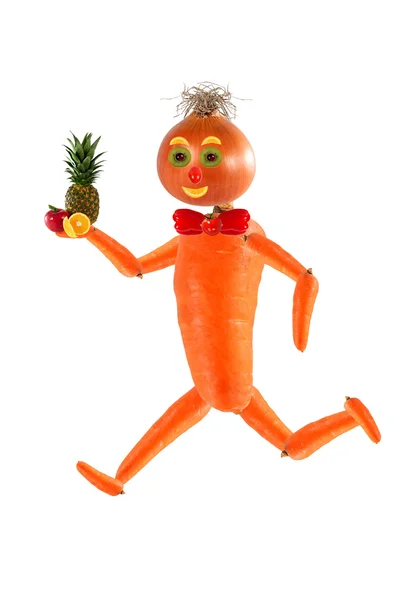 Healthy eating.  Running funny little man made from fruits and v — Stock Photo, Image