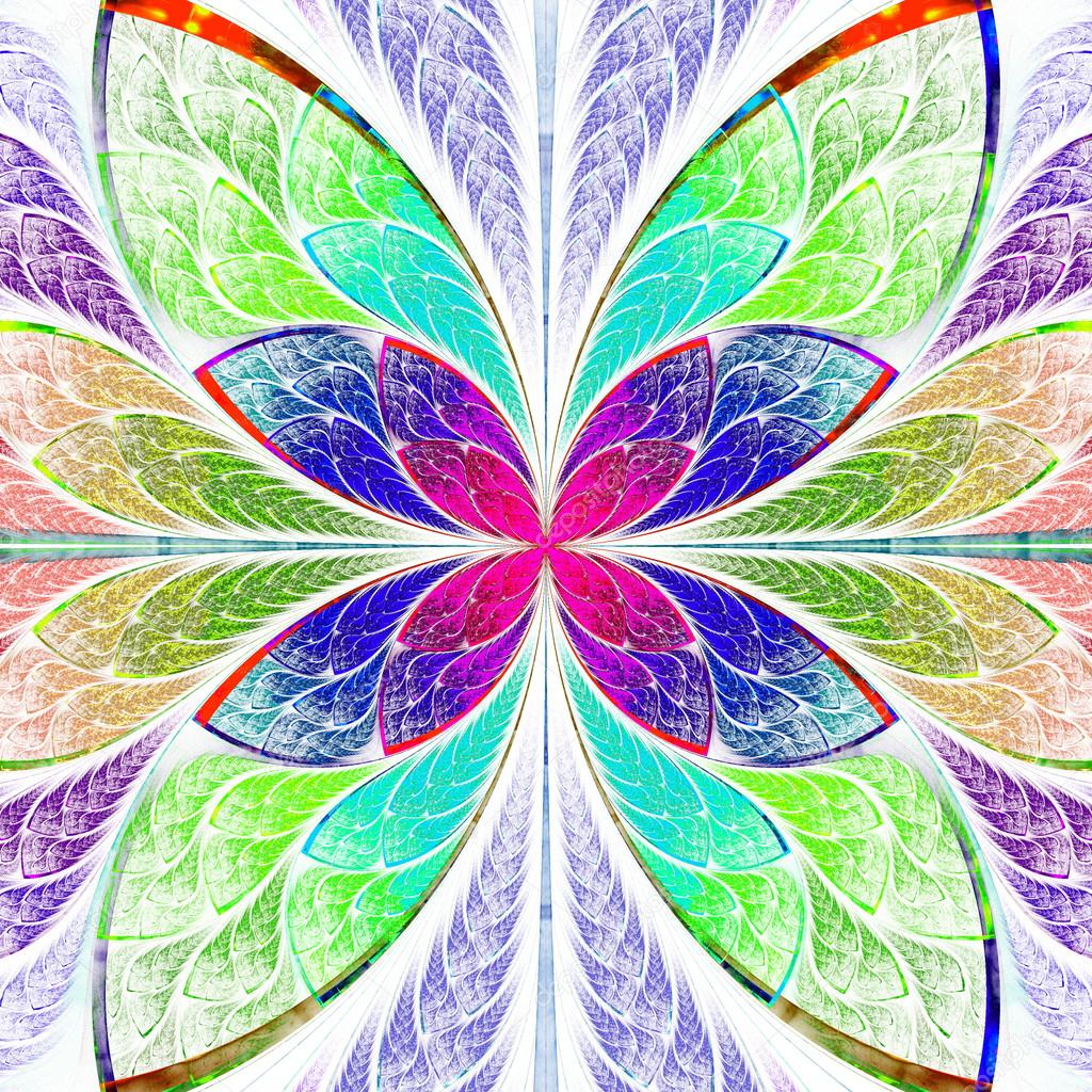 Symmetrical multicolor fractal flower in stained glass style.