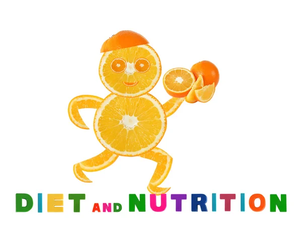 Healthy eating. Funny running little man made of the orange sli — Stock Photo, Image