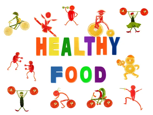 Alimentação saudável. Pequenas pessoas engraçadas feitas de legumes e frutas — Fotografia de Stock