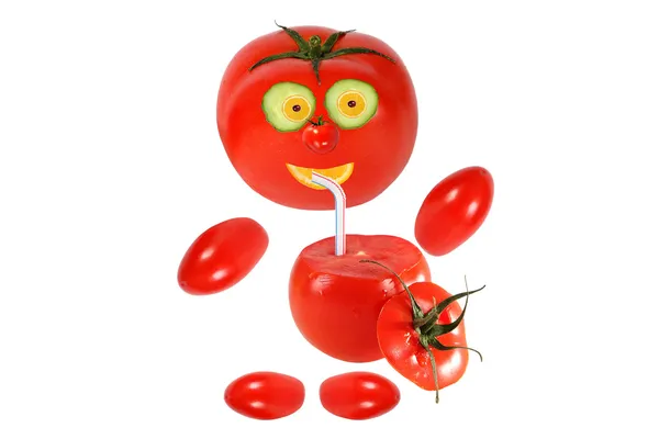 Gezond eten. grappige kleine tomaat drankje tomatensap — Stockfoto